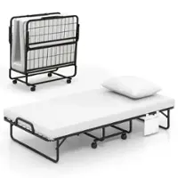 Costway - Folding Bed with Memory Foam Mattress & Pillow Dust Cover Metal Frame 75" x 39" Twin-Size Bed - White - Front_Zoom