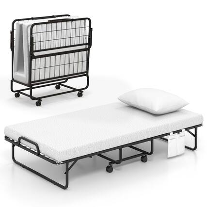 Front. Costway - Folding Bed with Memory Foam Mattress & Pillow Dust Cover Metal Frame 75" x 39" Twin-Size Bed - White.