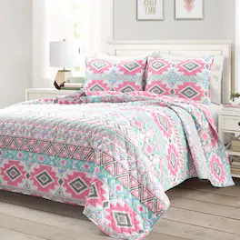 Hivvago - Twin Southwest Indian Style Polyester Striped Reversible Quilt Set - Pink Blue