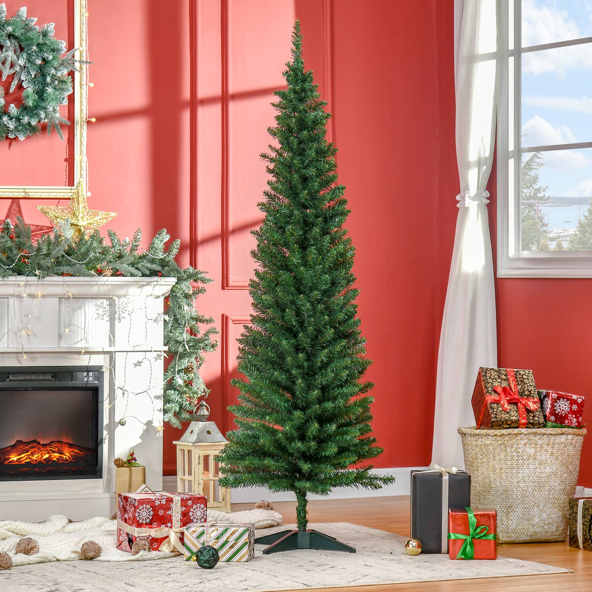 Alt View 1. Homcom - Artificial Pencil Christmas Tree, Slim Xmas Tree with 390 Realistic Branch Tips and Plastic Stand - Green.