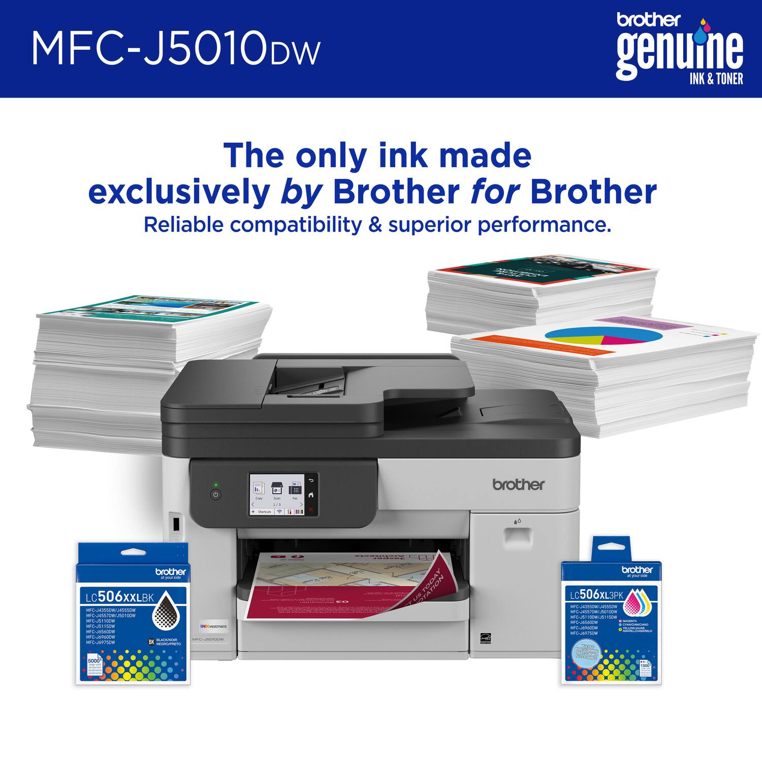 MFC-J5010DW  
Brother Genuine Ink & Toner  
The only ink made exclusively by Brother for Brother  
Reliable compatibility & superior performance.  

LC506XXLBK  
LC506XL3PK