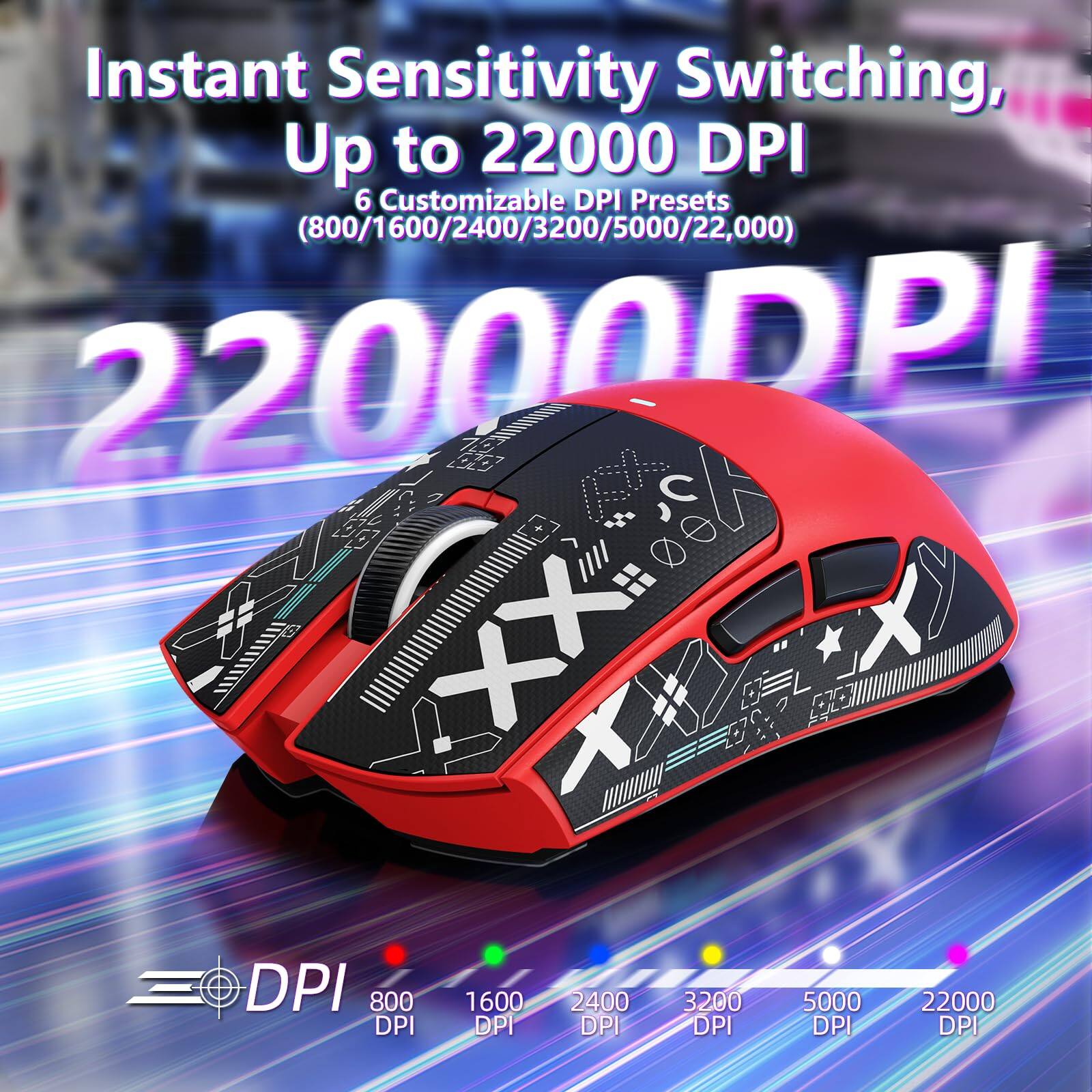 Instant Sensitivity Switching,  
Up to 22000 DPI  
6 Customizable DPI Presets (800/1600/2400/3200/5000/22000)  

22000 DPI  

800 DPI  
1600 DPI  
2400 DPI  
3200 DPI  
5000 DPI  
22000 DPI
