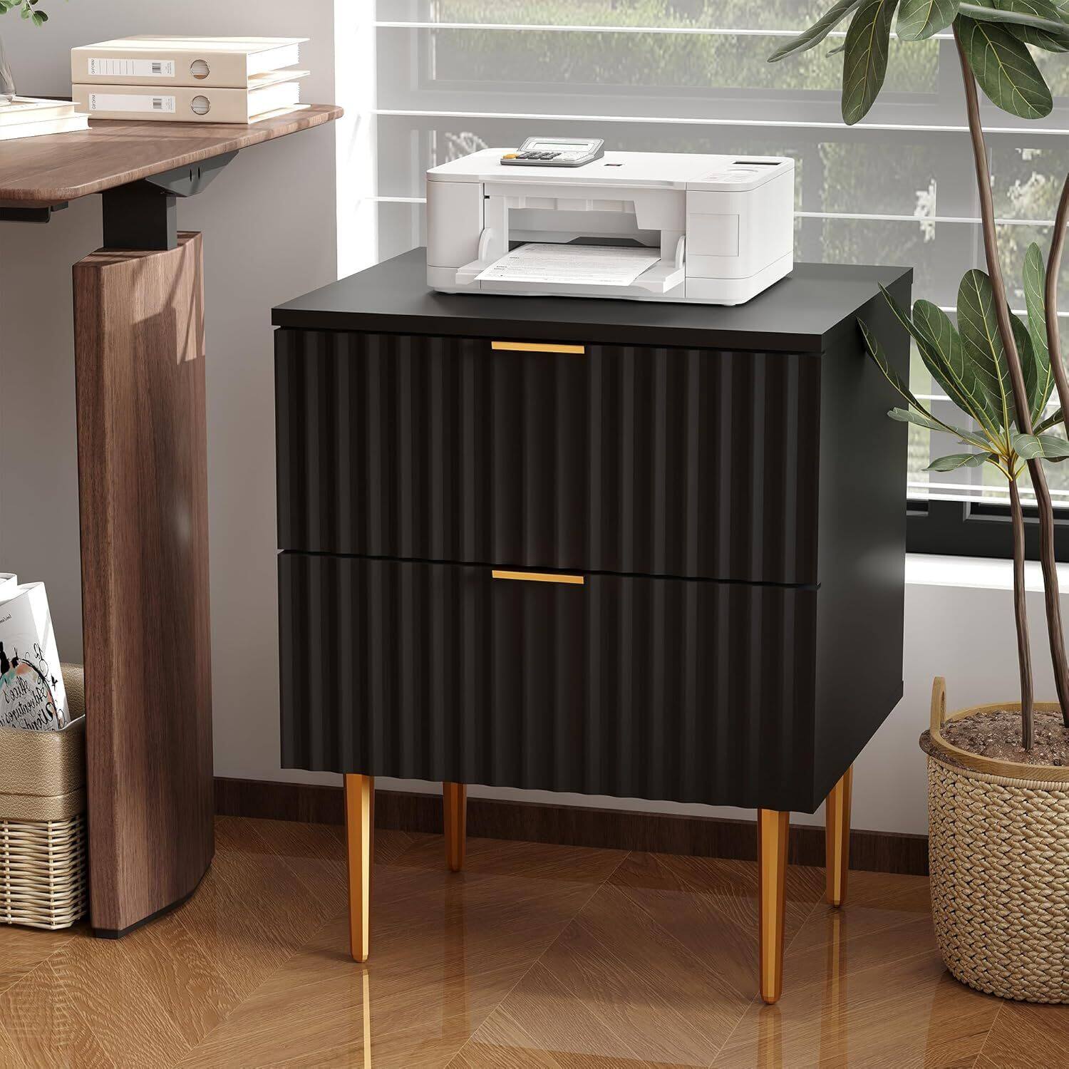 Front. GARVEE - Modern Nightstand with 2 Drawers, Golden and Wood Fluted Night Stand， Bedside Table with USB Ports and Outlets, White - Black.