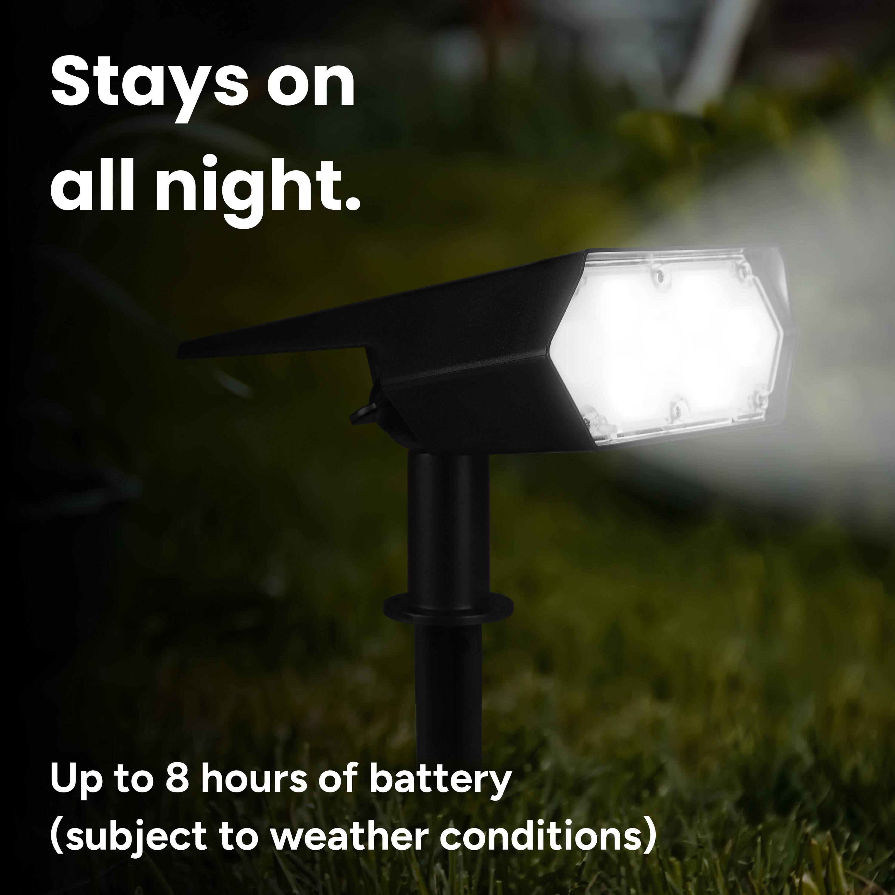 Stays on all night. Up to 8 hours of battery (subject to weather conditions)