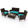 Front. Costway - 4 PCS Patio Furniture Set with Washable Cushions and Tempered Glass Coffee Table - Mix Brown + Turquoise.