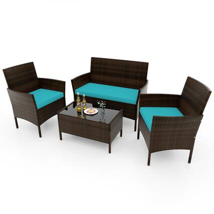 Front. Costway - 4 PCS Patio Furniture Set with Washable Cushions and Tempered Glass Coffee Table - Mix Brown + Turquoise.