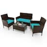 Costway - 4 PCS Patio Furniture Set with Washable Cushions and Tempered Glass Coffee Table - Mix Brown + Turquoise
