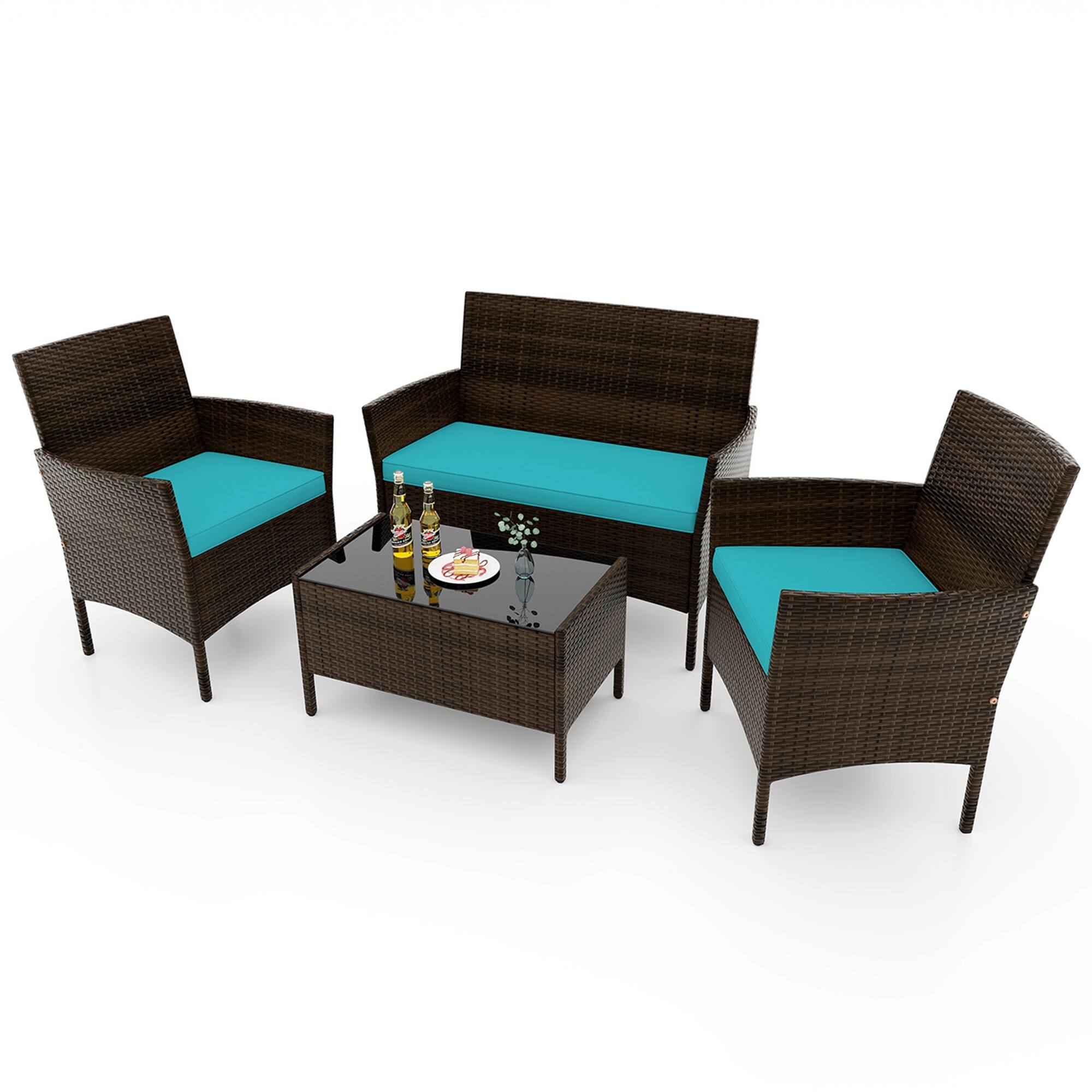Costway - 4 PCS Patio Furniture Set with Washable Cushions and Tempered Glass Coffee Table - Mix Brown + Turquoise