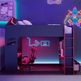 Anysun - Full Size Wood Loft Bed with Height-adjustable Desk,Drawers,Storage Compartments,Hanging Rod and RGB Lights - Red