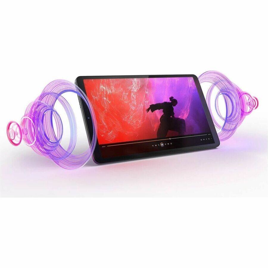 The image does not contain any text. It shows a tablet with a colorful screen displaying a silhouette of a person dancing, flanked by two hula hoops.