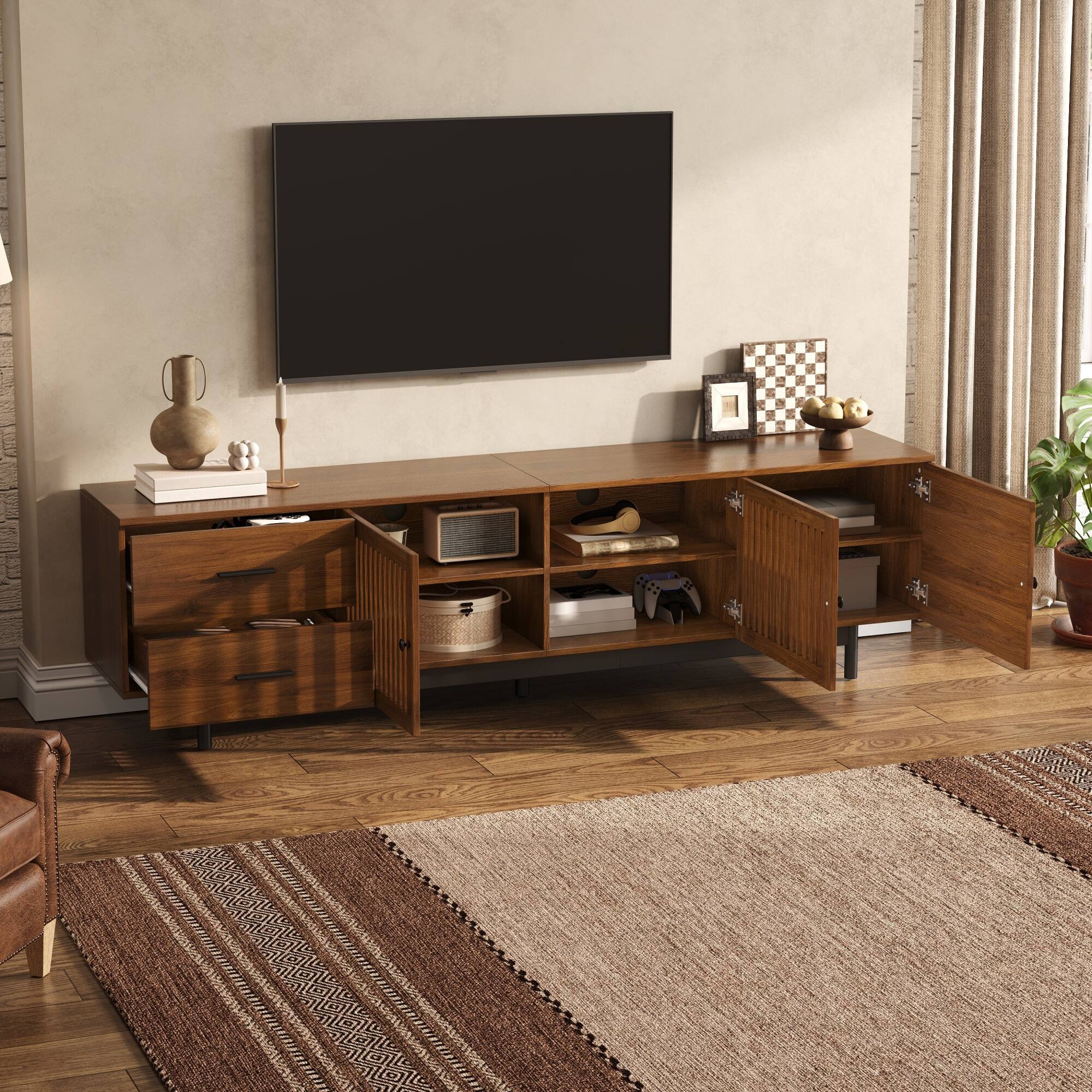 Angle. MERAVOM - Mid-Century Modern TV Stand for TVs Up to 85", Entertainment Center with 2 Drawers and Storage Cabinets for Living Room - Walnut.