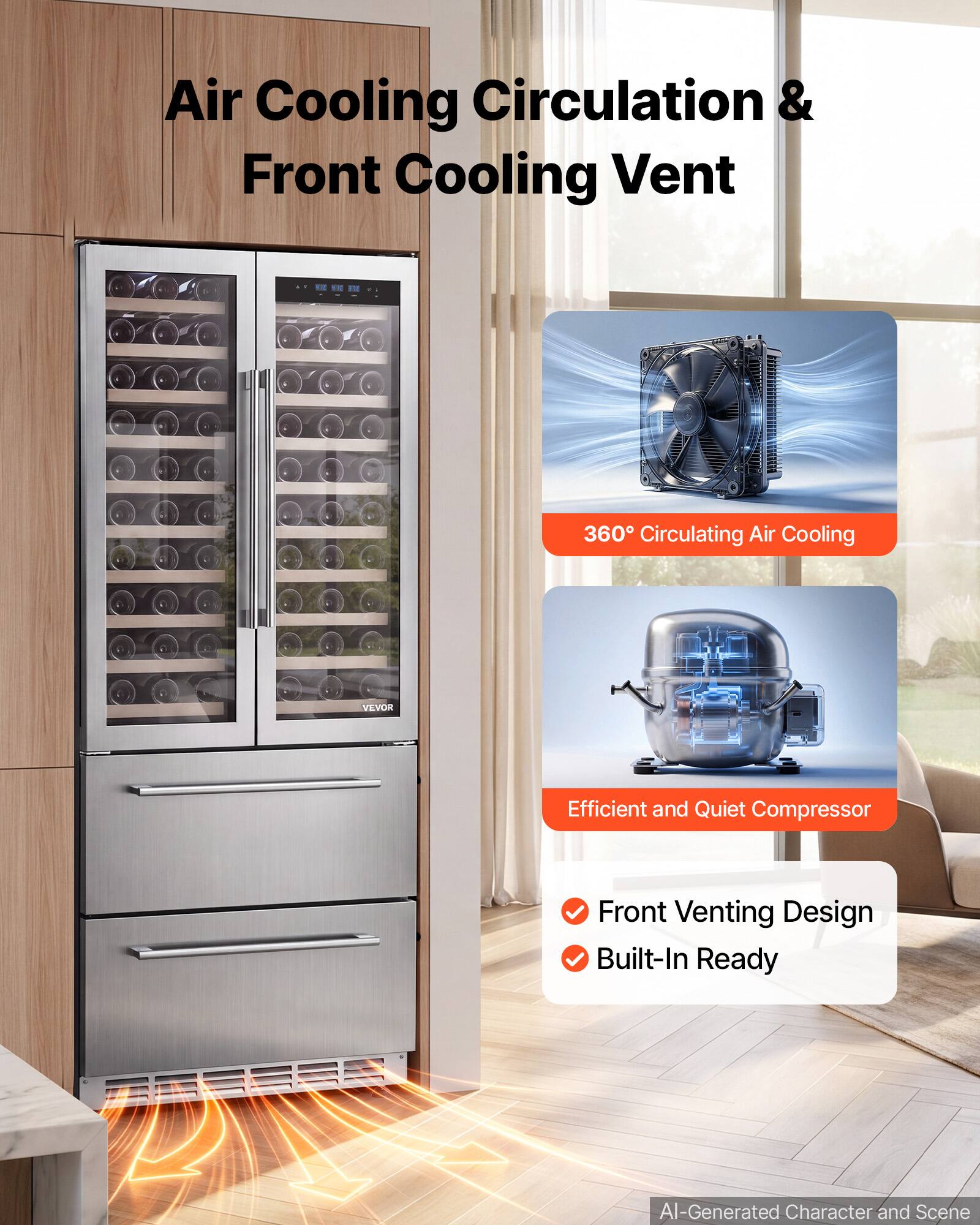 Air Cooling Circulation & Front Cooling Vent

0%

360° Circulating Air Cooling

VEVOR

Efficient and Quiet Compressor

Front Venting Design

Built-In Ready

AI-Generated Character and Scene