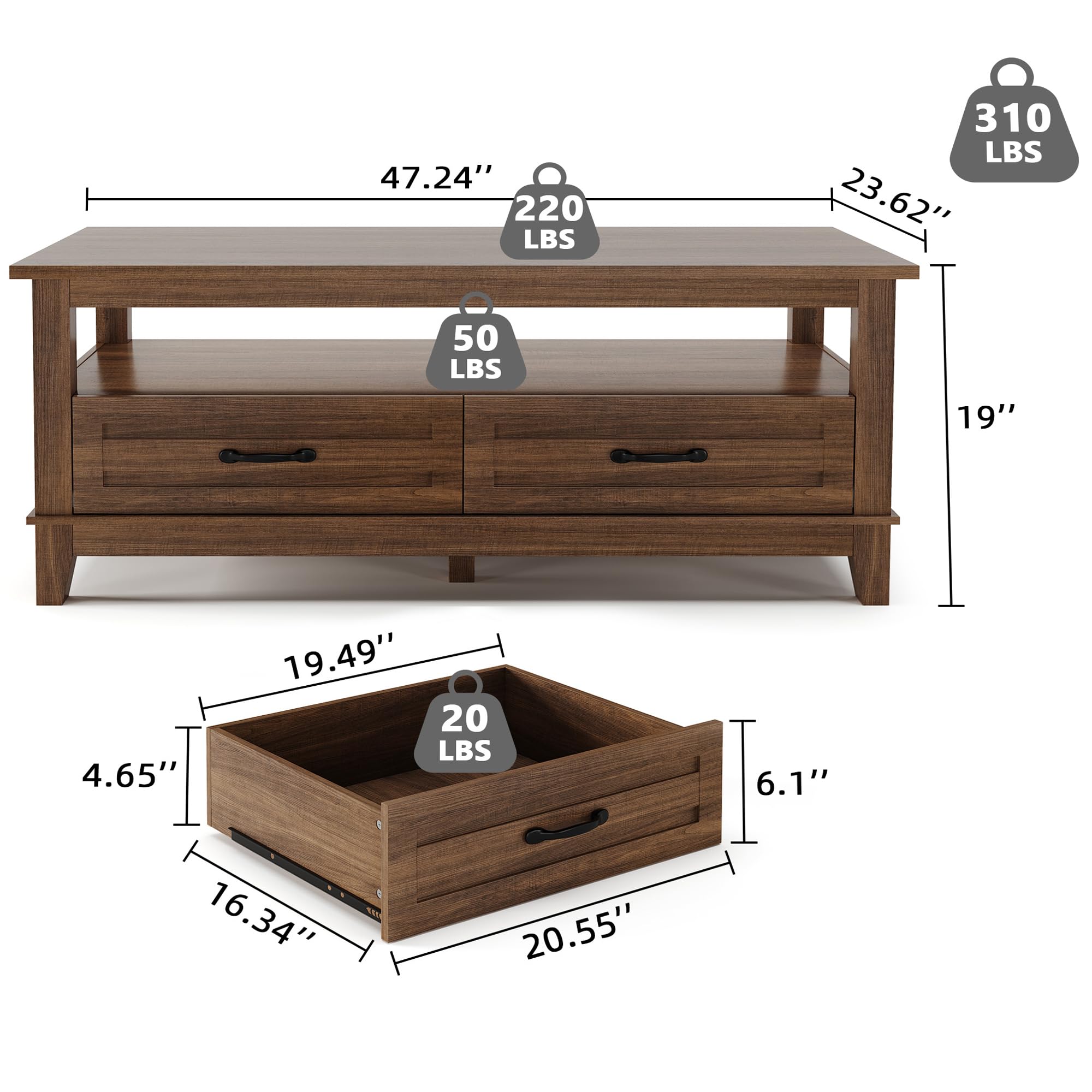 47.24" x 23.62" x 19"  
220 LBS  
50 LBS  
19.49" x 20.55" x 6.1"  
20 LBS  
310 LBS