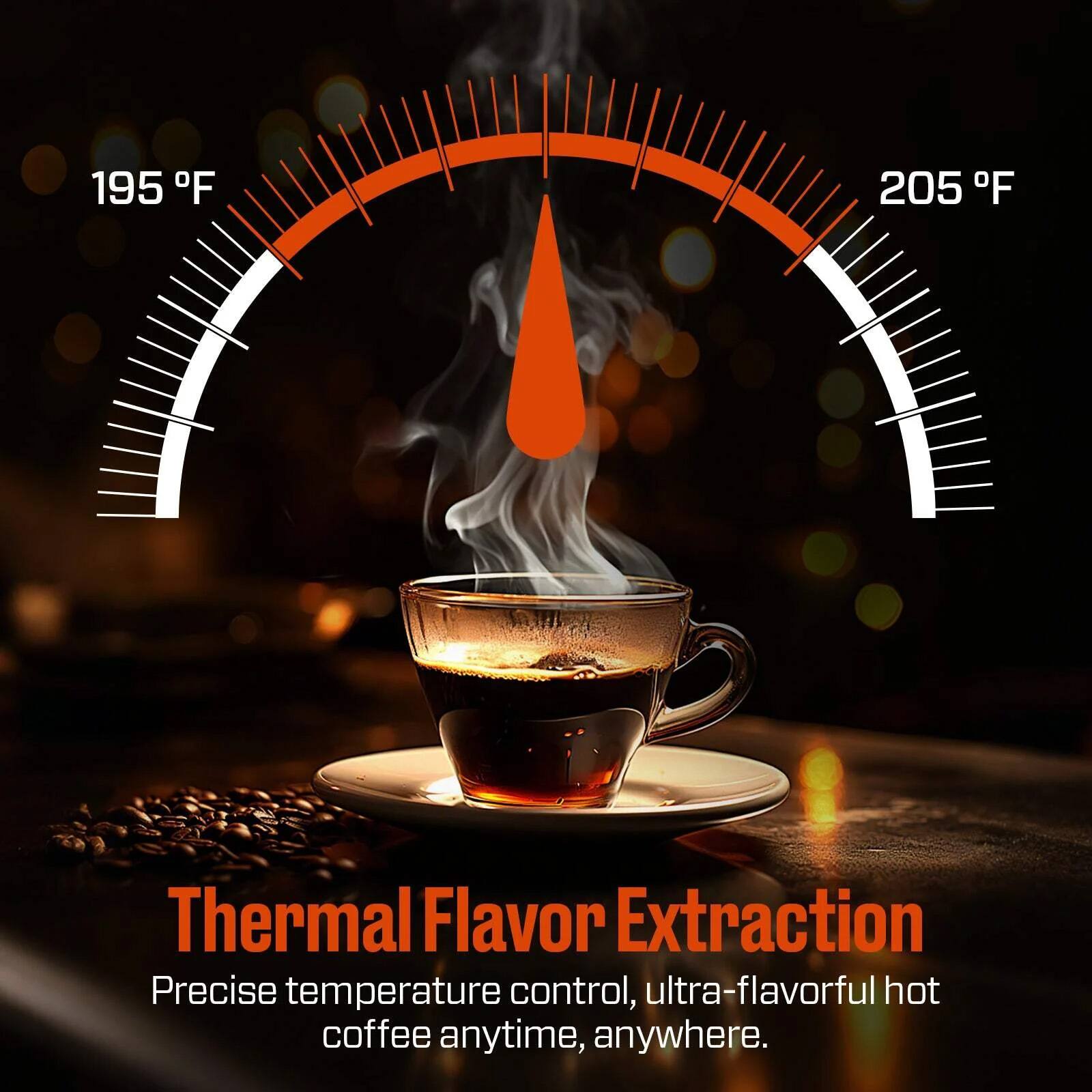 195°F 205°F  
Thermal Flavor Extraction  
Precise temperature control, ultra-flavorful hot coffee anytime, anywhere.