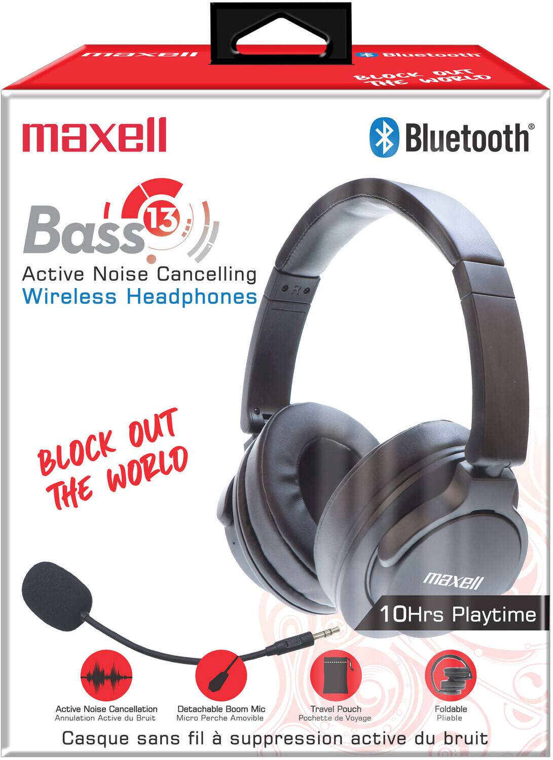 maxell Bluetooth Bass 13 Active Noise Cancelling Wireless Headphones  
10Hrs Playtime  
Active Noise Cancellation  
Detachable Boom Mic  
Travel Pouch  
Foldable  

BLOCK OUT THE WORLD  

Active Noise Cancelling  
Annulation Active du Bruit  
Micro Perche Amovible  
Pochette de Voyage  
Pliable  

Casque sans fil à suppression active du bruit