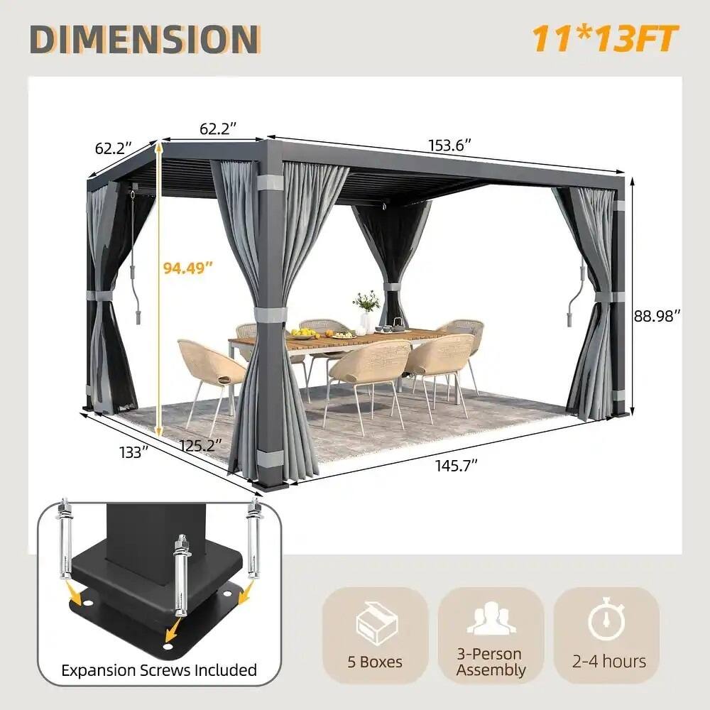 DIMENSION  
11*13FT  

62.2"  
62.2"  
153.6"  
94.49"  
88.98"  
133"  
125.2"  
145.7"  

Expansion Screws Included  

5 Boxes  
3-Person Assembly  
2-4 hours