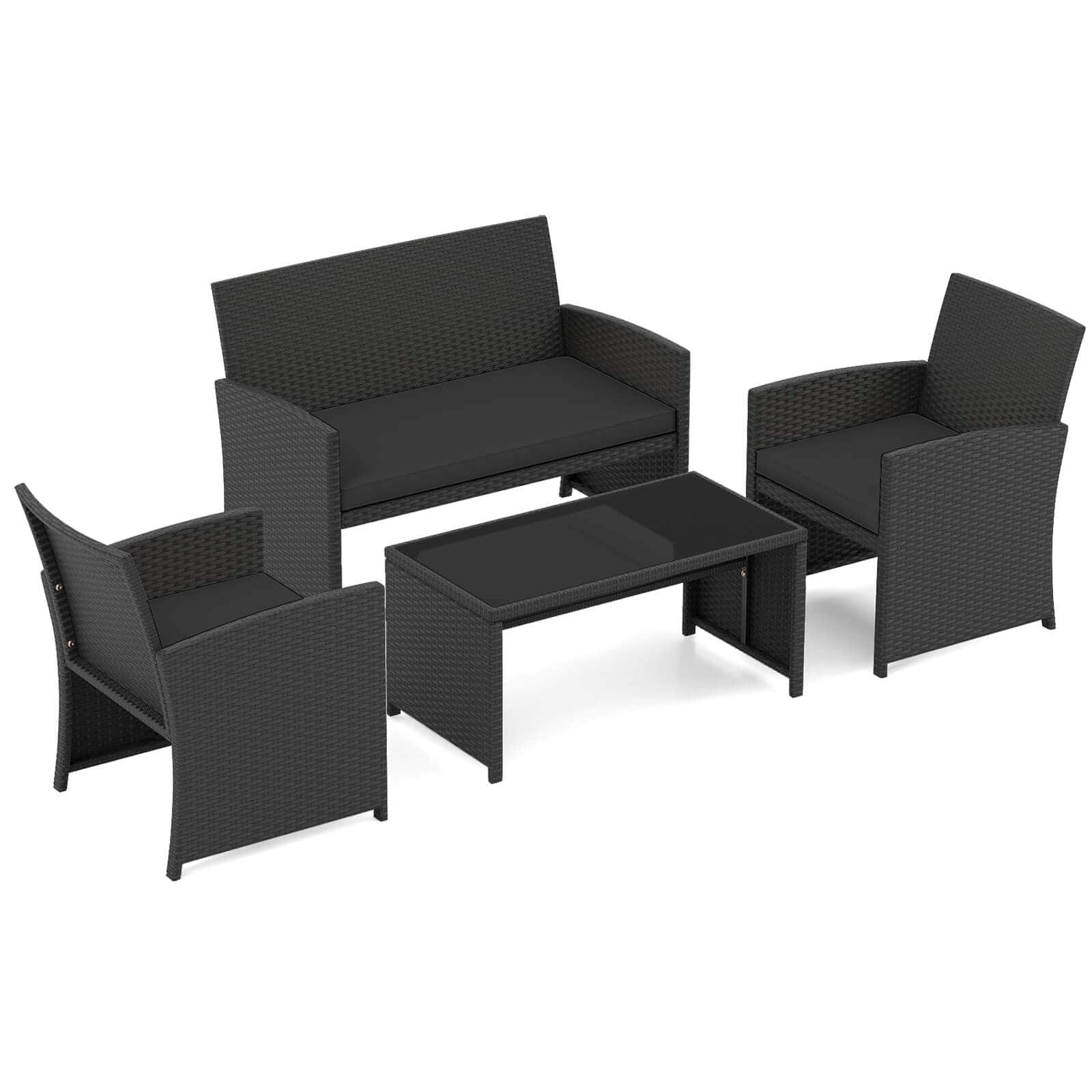 Costway - 4 PCS Patio Conversation Set with Seat Cushions & Tempered Glass Tabletop, Porch - Black+Black