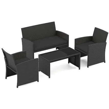 Front. Costway - Costway 4 PCS Patio Conversation Set with Seat Cushions & Tempered Glass Tabletop, Porch - Black+Black.