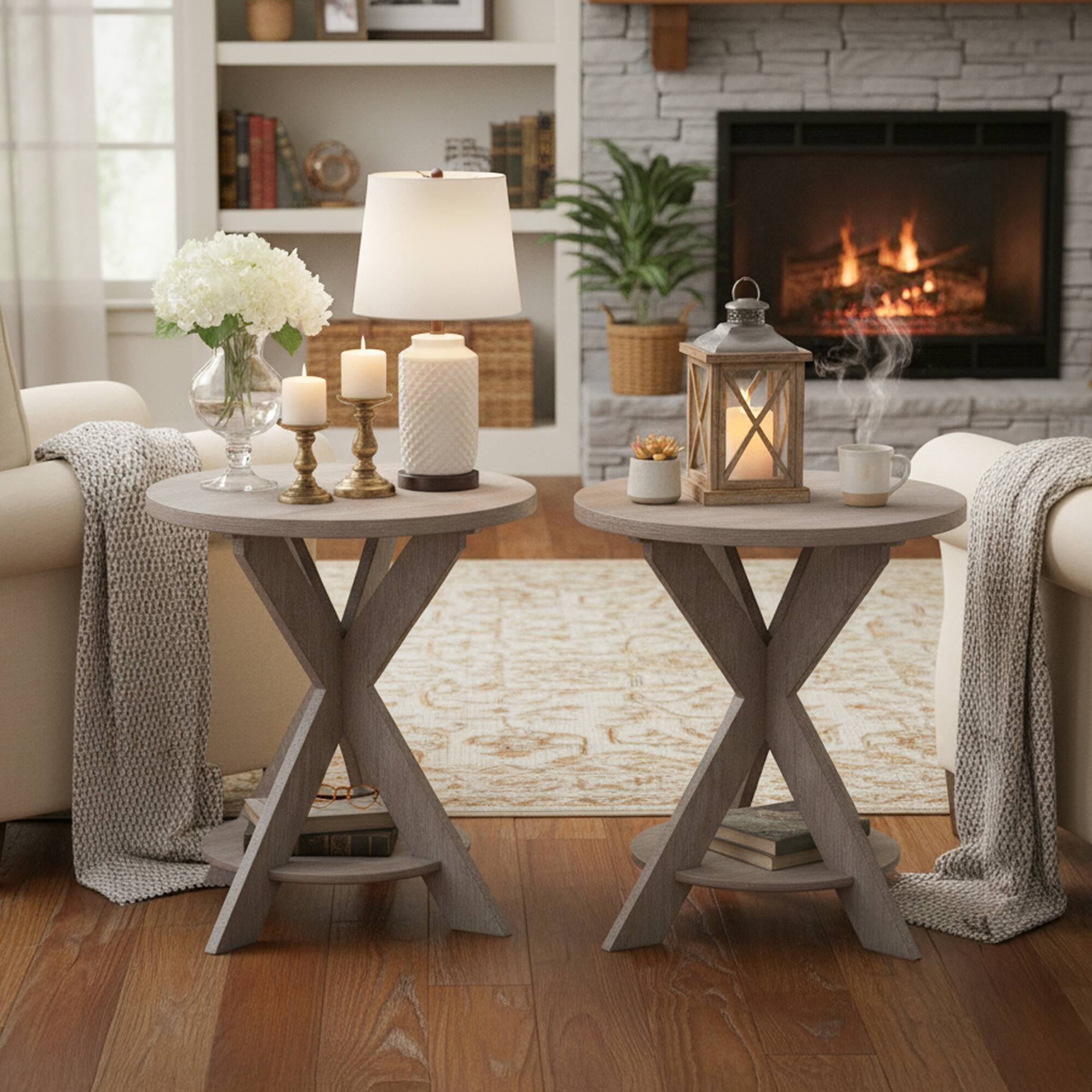 Alt View 4. COZAYH - COZAYH Farmhouse Round End Table, Rustic Cross-Leg Design, Grey, Set of 2 - Grey.