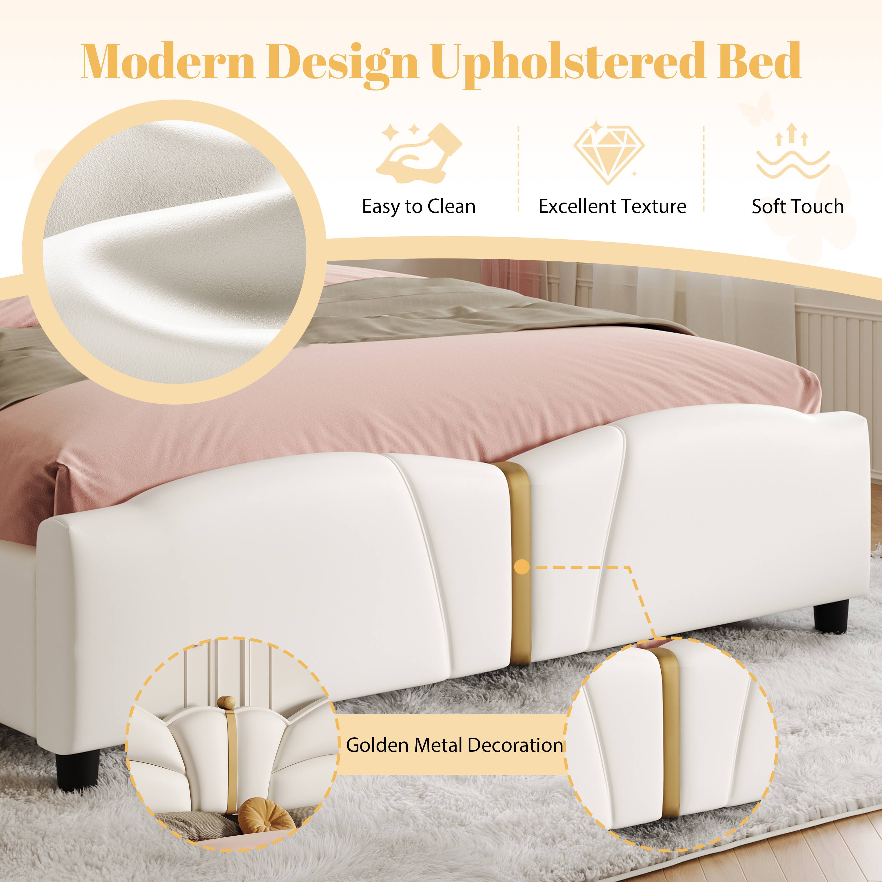 Modern Design Upholstered Bed

- Easy to Clean
- Excellent Texture
- Soft Touch
- Golden Metal Decoration