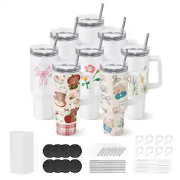 VEVOR - Sublimation Tumblers, 8 Pack, 40 oz Tumblers Bulk with Handle, Stainless Steel Sublimation Cups with Lids and Straws - White