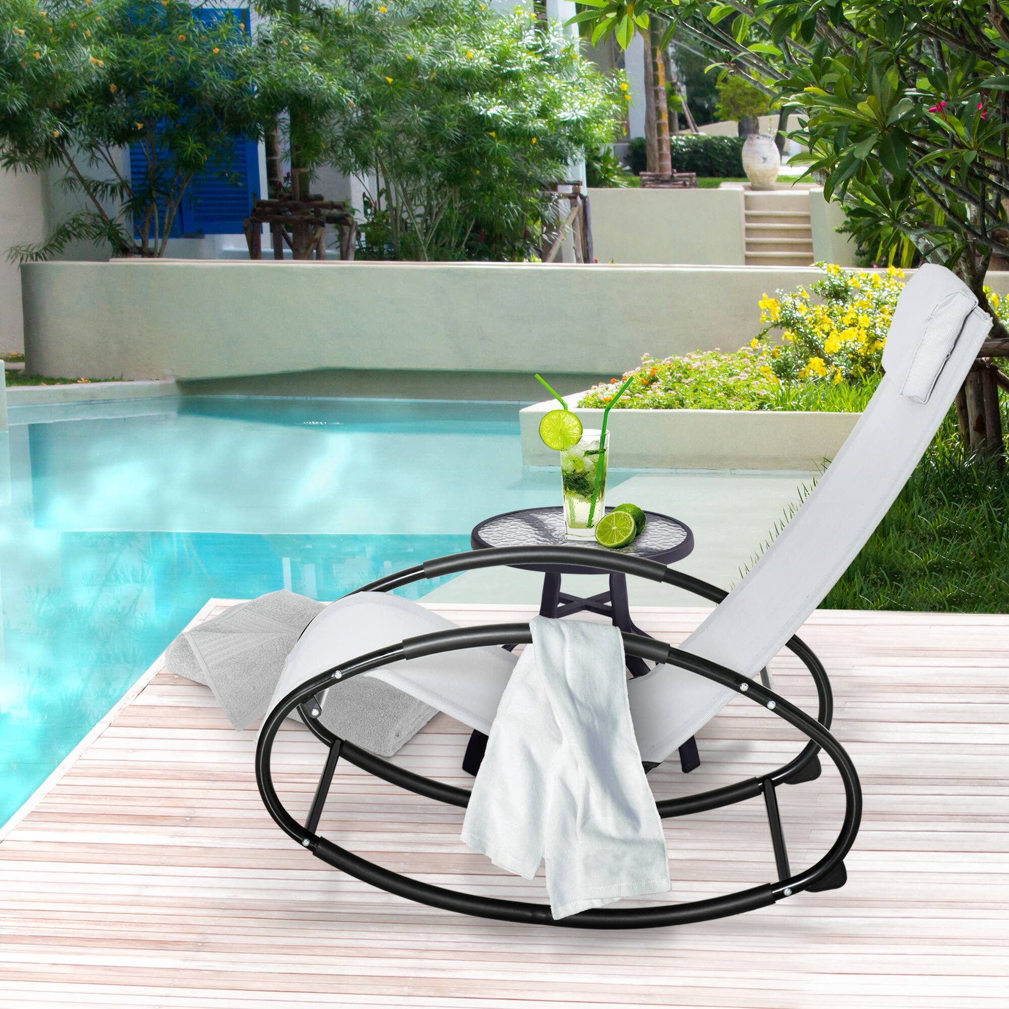 Angle. Outsunny - Pool Lounger, Outdoor Rocking Lounge Chair for Sunbathing, Pool, Beach, Porch with Pillow and Cool Mesh - Gray.