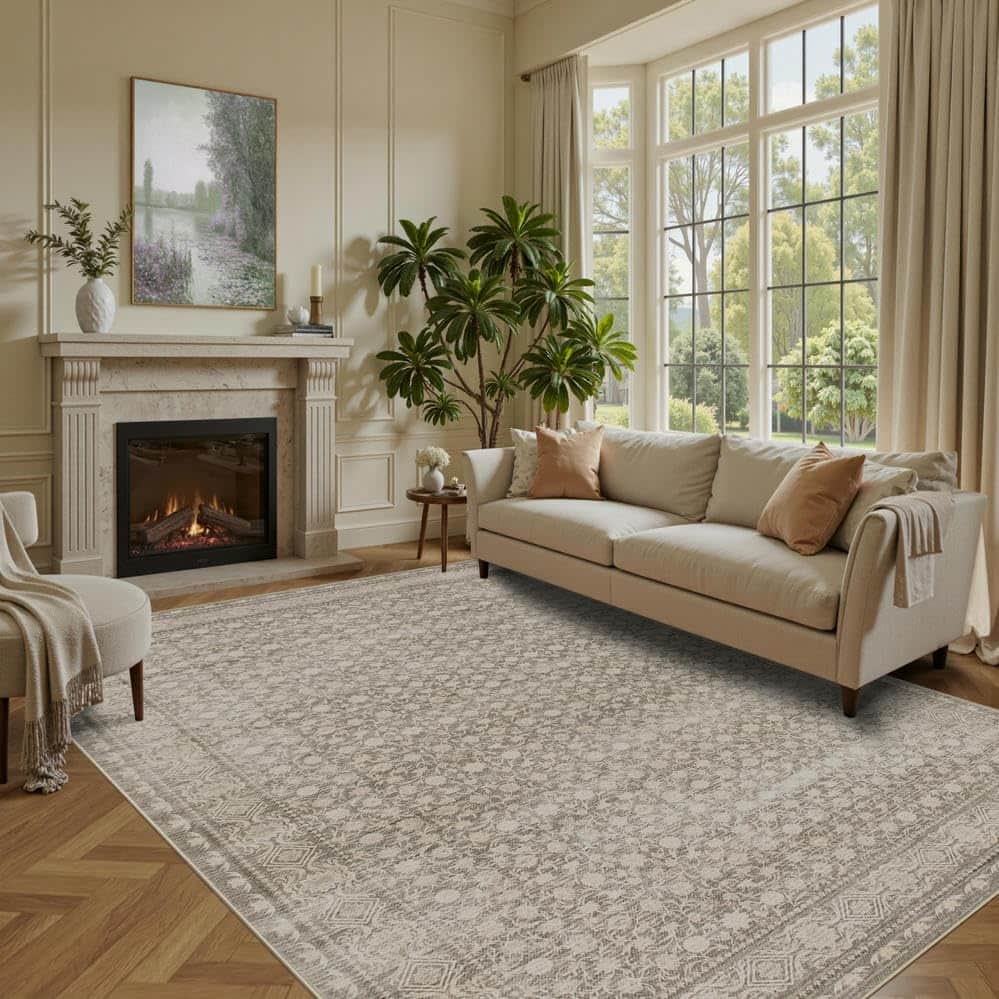 PARKER SLATER - Area Rugs 5x7 Washable Living Room Vintage Boho Light Blue Rug Office Dining Farmhouse Durable Low Pile Non Slip High - Apricot