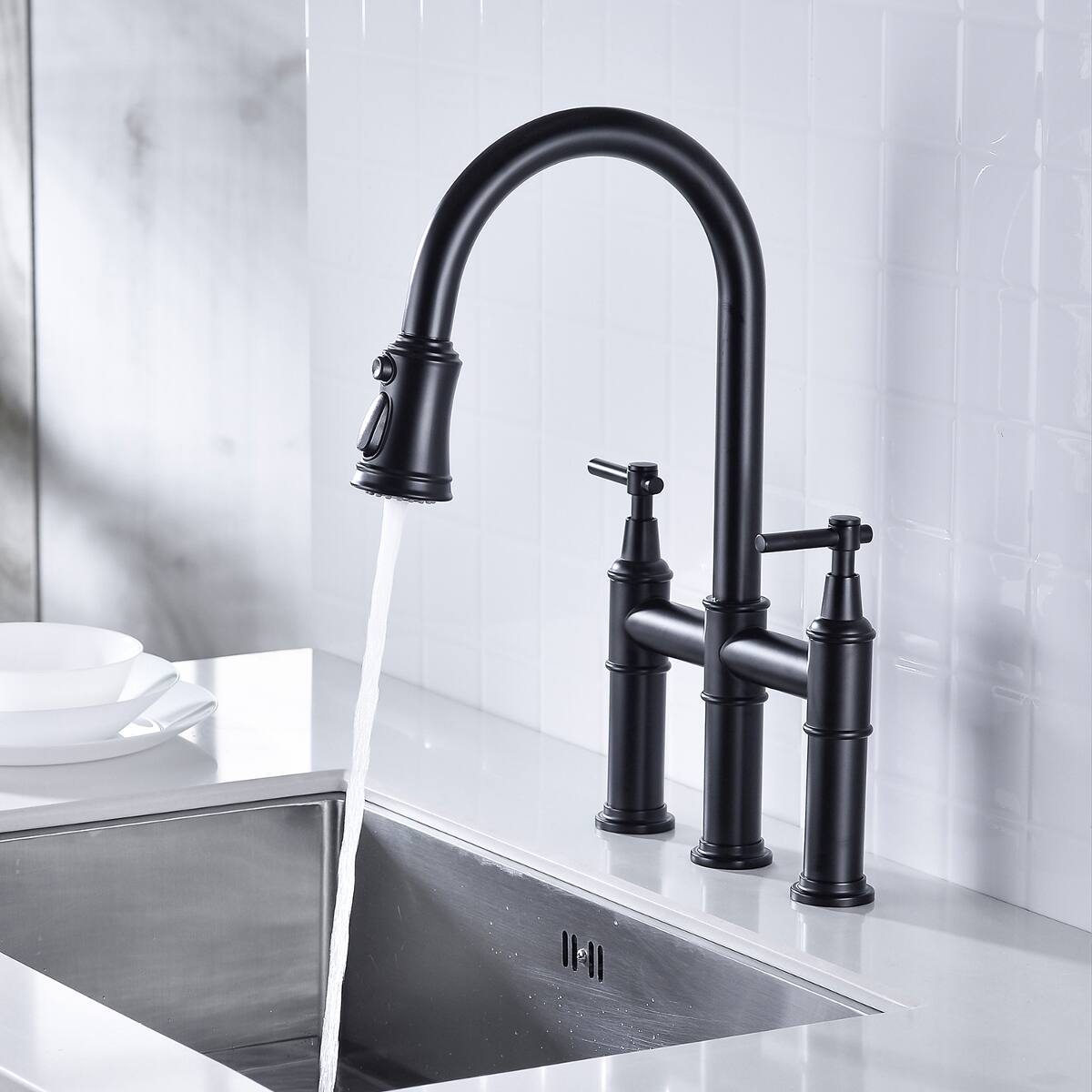 Alt View 4. Ropilly - Ropilly Bridge Kitchen Faucet with Pull Down Spray Head, Matte Black Finish, Dual Handle Brass Kitchen Faucet - Matte Black.