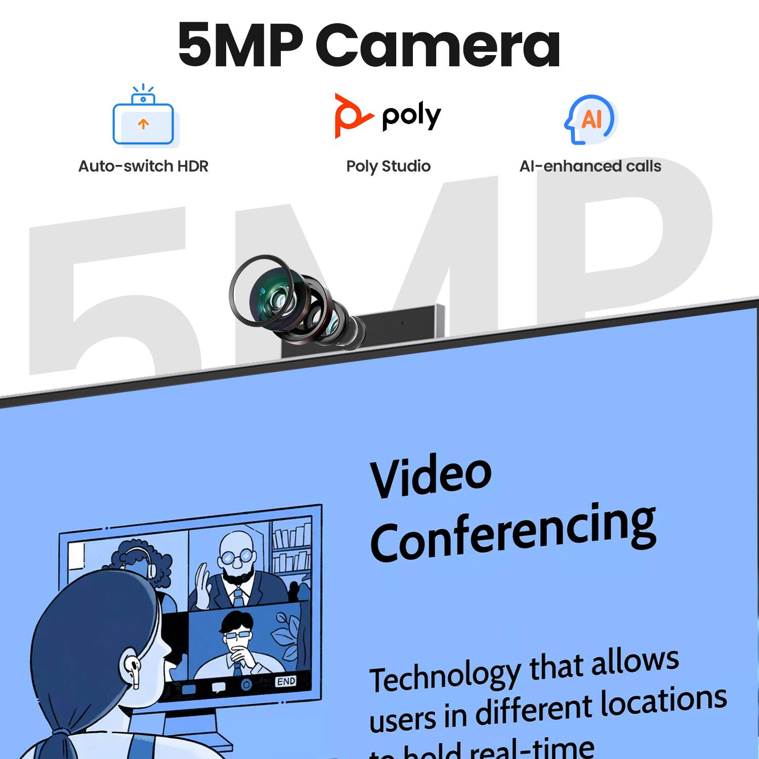 5MP Camera  
poly  
AI-enhanced calls  

Auto-switch HDR  
Poly Studio  

Video Conferencing  
Technology that allows users in different locations to hold real-time