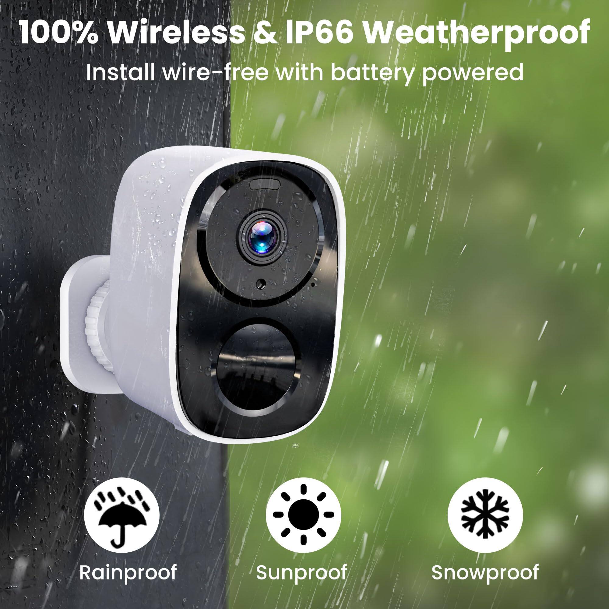100% Wireless & IP66 Weatherproof  
Install wire-free with battery powered  

Rainproof  
Sunproof  
Snowproof