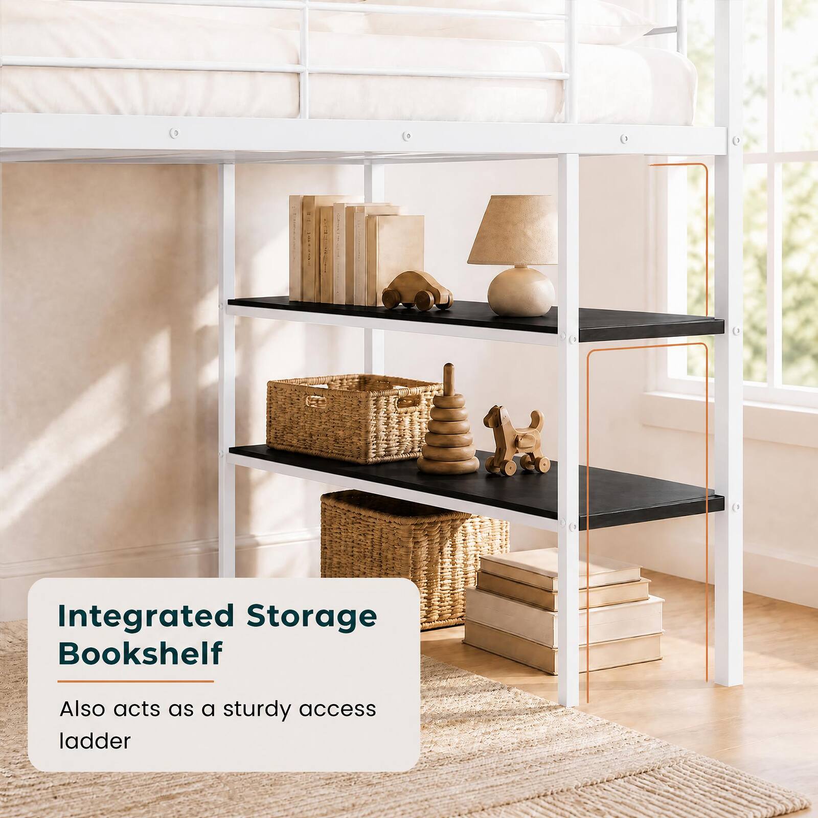 Integrated Storage Bookshelf  
Also acts as a sturdy access ladder