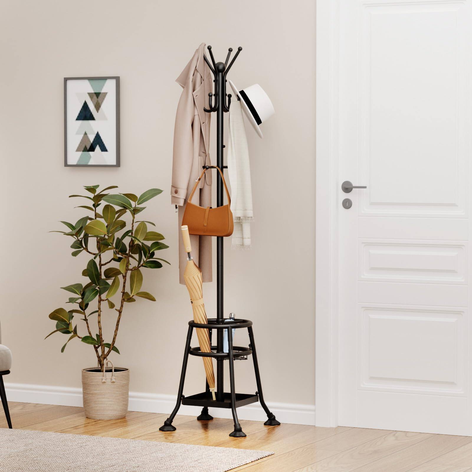 Alt View 4. Hirose Alice - Heavy Duty Freestanding Coat Rack With 12 Hooks & Umbrella Holder - Metal Clothes Hat Sturdy Standing Hall - Black.
