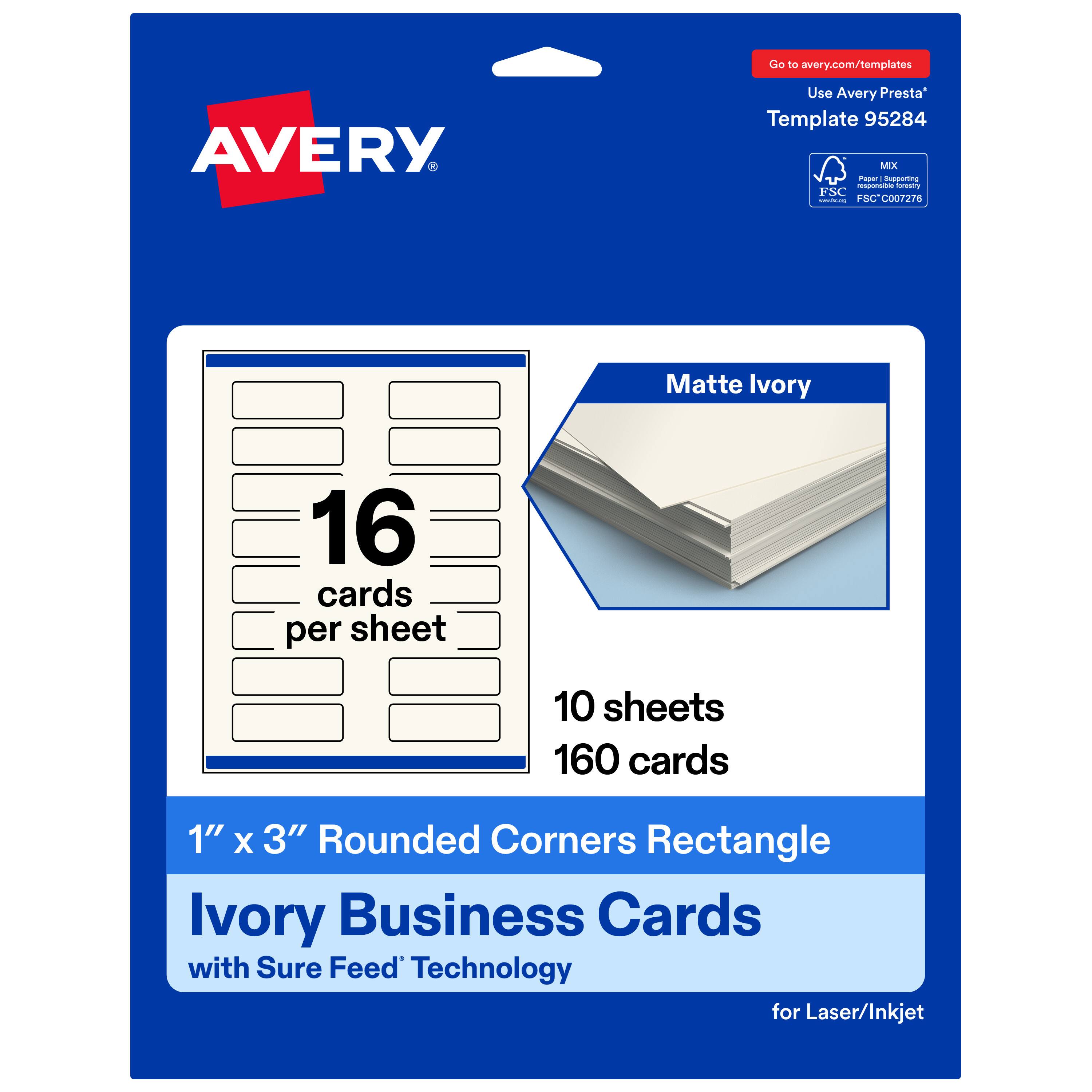 Go to avery.com/templates  
Use Avery Presta Template 95284  
Matte Ivory  
16 cards per sheet  
10 sheets  
160 cards  
1" x 3" Rounded Corners Rectangle  
Ivory Business Cards with Sure Feed Technology for Laser/Inkjet