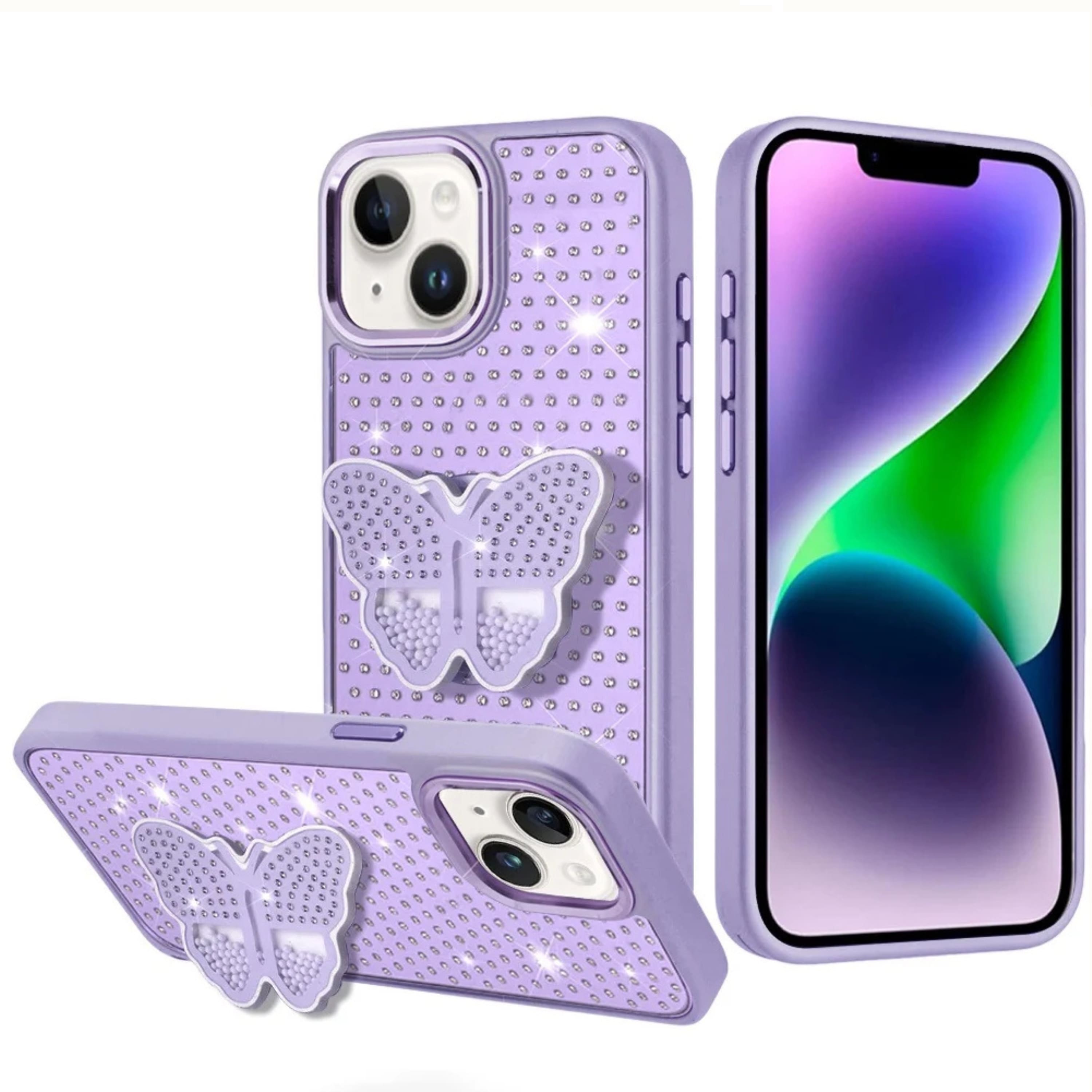 Kitcheniva - Luxury Butterfly Grip Stand Bling Case With Tempered Glass For iPhone 13 14 - Purple price history on PriceWatchPro