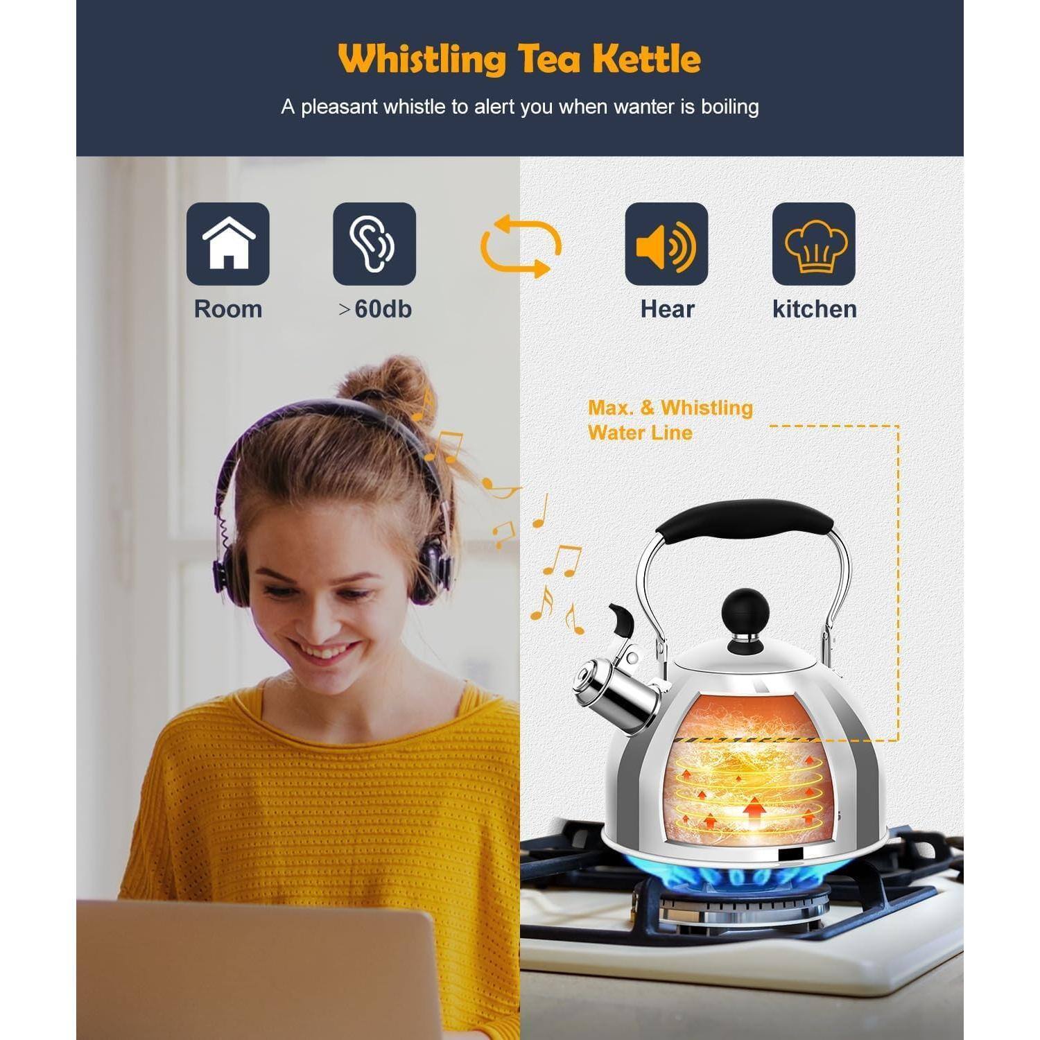 Whistling Tea Kettle  
A pleasant whistle to alert you when water is boiling  

Room  
>60db  
Hear  
kitchen  

Max. & Whistling Water Line