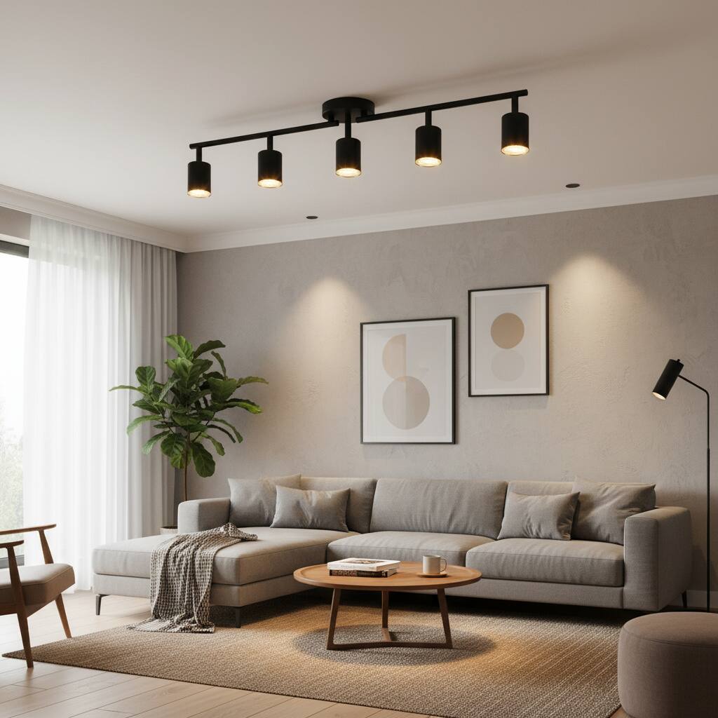 Left. Dazzed Corner - 5-Light Track Lighting Kit, Ceiling Spotlight with Rotatable Heads - Black.