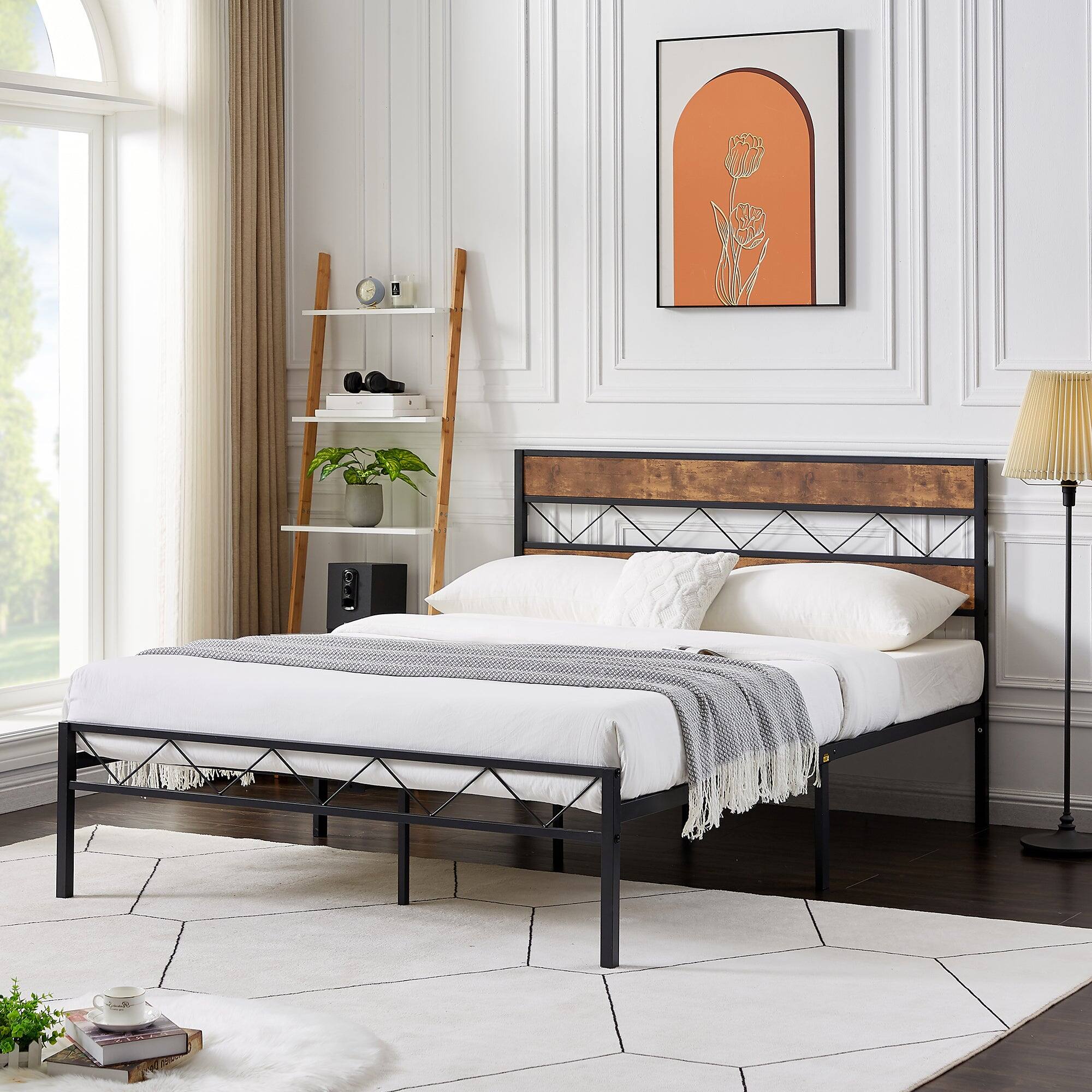 Left. Vecelo - Queen Size Metal Bed Frame with Wood Headboard, Platform Bed Frame with Storage, No Box Spring Needed - Black.