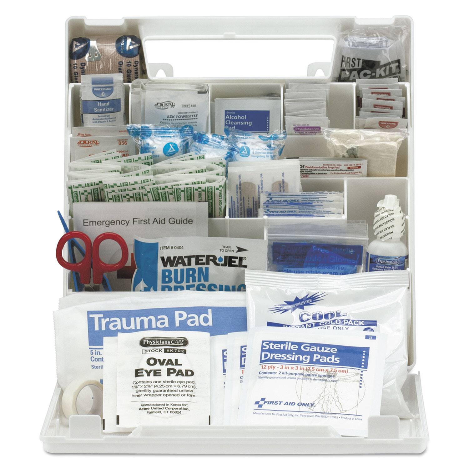Dyn Gie Grat 10 ID Dynars FRST LAC-KIT Hand Sanitize: - ORN PP ... ce E B7K FOWELETTE - Alcohol Cleansing Bad ittemCot  OUN CE 856 HL AD X A Srengitng - I - - - -- FIRST - - ONER I i  Emergency First Aid Guide HOTEETION NECTION ITEM  0404 PEAR RE COEN FOWse Free Aitrlle QO WATERJEL BURN Esemination Gloves  eC KTUTE MEC Trauma Pad OOLO PACK  ONLV d 5 Physicians CAS Sterile Gauze S in. STOCK BKTOS Cont OVAL SO Dressing Pads Steril 12 ply J in x 3 in (2,5 Ga K 25 cm) EYE PAD Contents: 2 all peorpoong paire re Mri - -s Contains  starite oye ped 1"x2% (4.25om . Stority guaranteed unloss inwger WEapEr opened - fom wdact - neas FIRST AID ONLY for A- LNUNS Corporation Faertok 1 ORIDA