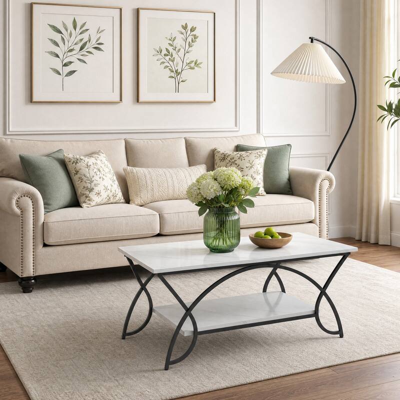 Angle. WELLFOR - 2-Tier Coffee Table with Faux Marble Top and Metal Frame，Center Table Cocktail Tea Table for Living Room - Black & White.
