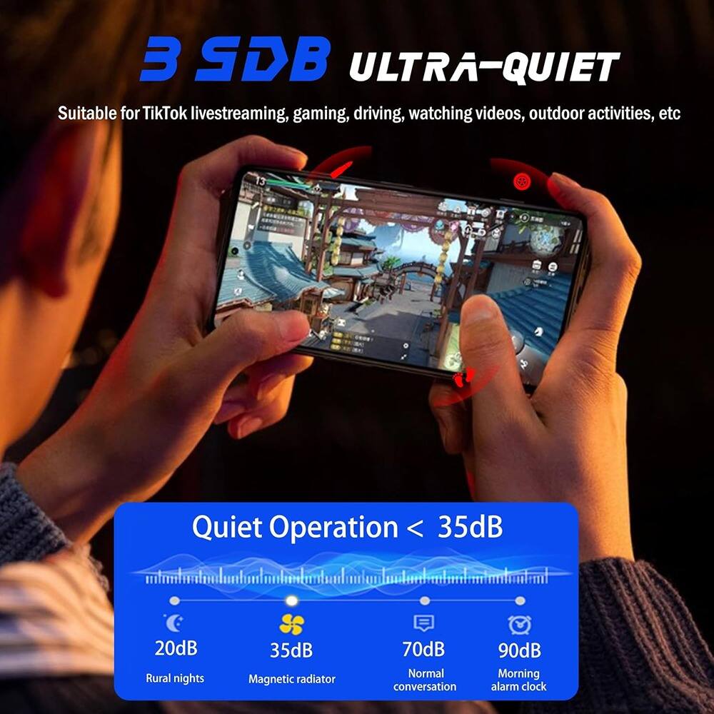 3 SDB ULTRA-QUIET  
Suitable for TikTok livestreaming, gaming, driving, watching videos, outdoor activities, etc.  

Quiet Operation < 35dB  
20dB - Rural nights  
35dB - Magnetic radiator  
70dB - Normal conversation  
90dB - Morning alarm clock