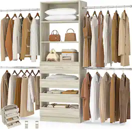 Aheaplus - 4-9FT Adjustable Wooden Closet Organizer, 4 Drawers & 4 Hanging Rods, Heavy Duty Walk-in Wardrobe System - White Oak