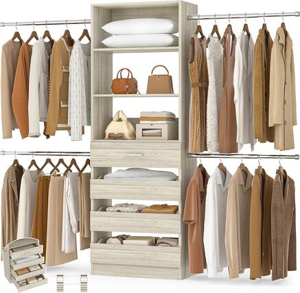 Front. Aheaplus - 4-9FT Adjustable Wooden Closet Organizer, 4 Drawers & 4 Hanging Rods, Heavy Duty Walk-in Wardrobe System - White Oak.