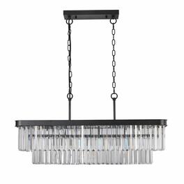 RYHNUYNE - Rectangular Crystal Chandelier with Adjustable Height, Modern Industrial Iron Frame, E12 Sockets for Kitchen Island