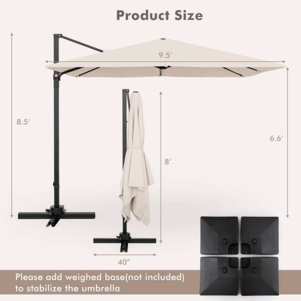 Product Size  
9.5' 8.5' 6.6' 8' 40"  

Please add weighed base (not included) to stabilize the umbrella