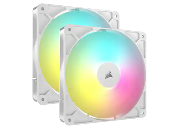 Front. CORSAIR - CORSAIR RS140 ARGB PWM 140mm Fans (Dual Pack) - White, Simplified Control, AirGuide Cooling, Magnetic Bearing - White.
