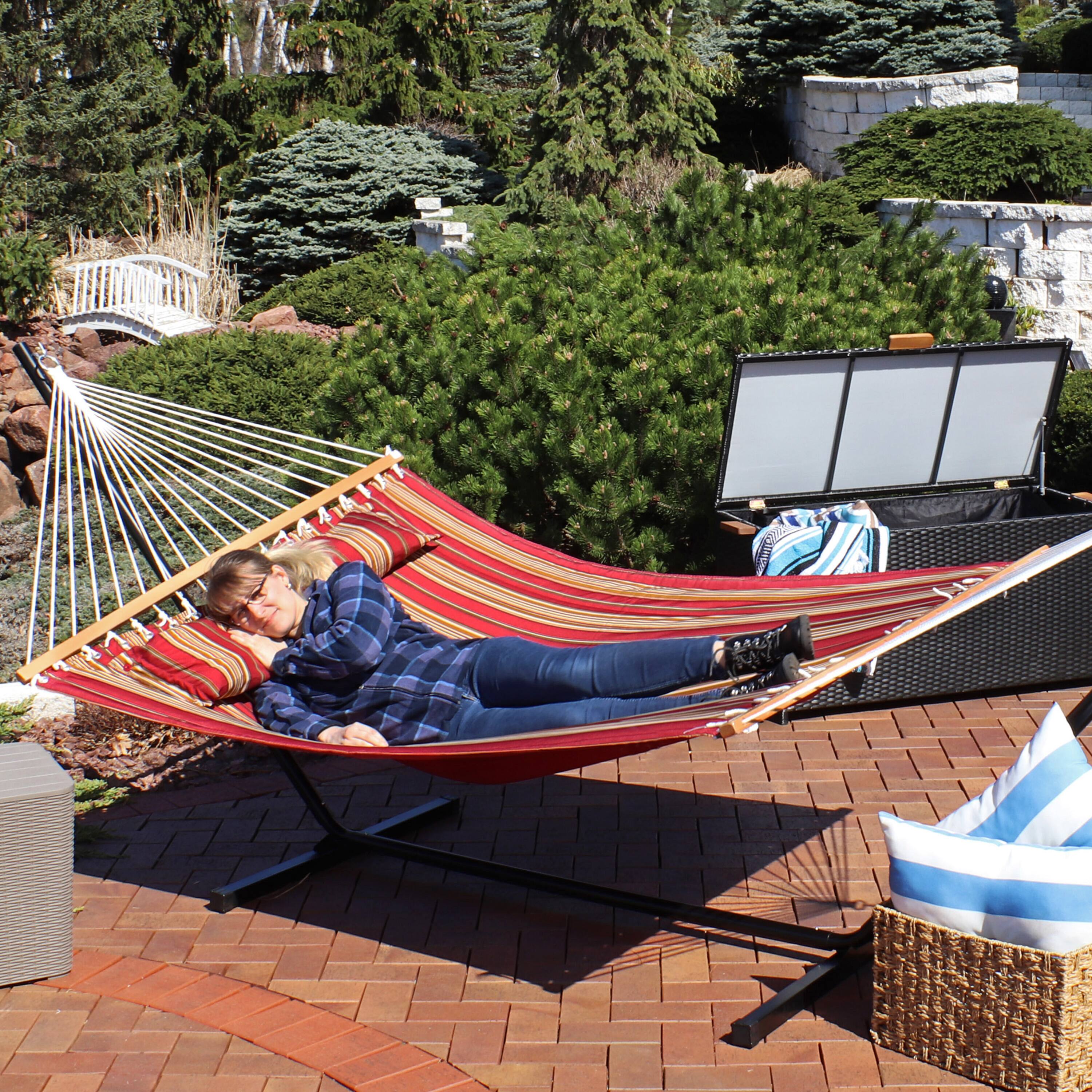 Alt View 9. Sunnydaze - Large Quilted Hammock with Spreader Bar and Pillow - Red Stripe.