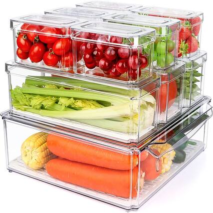 Front. RTMB - Clear plastic food storage bins for kitchen countertops, cabinets, refrigerators.