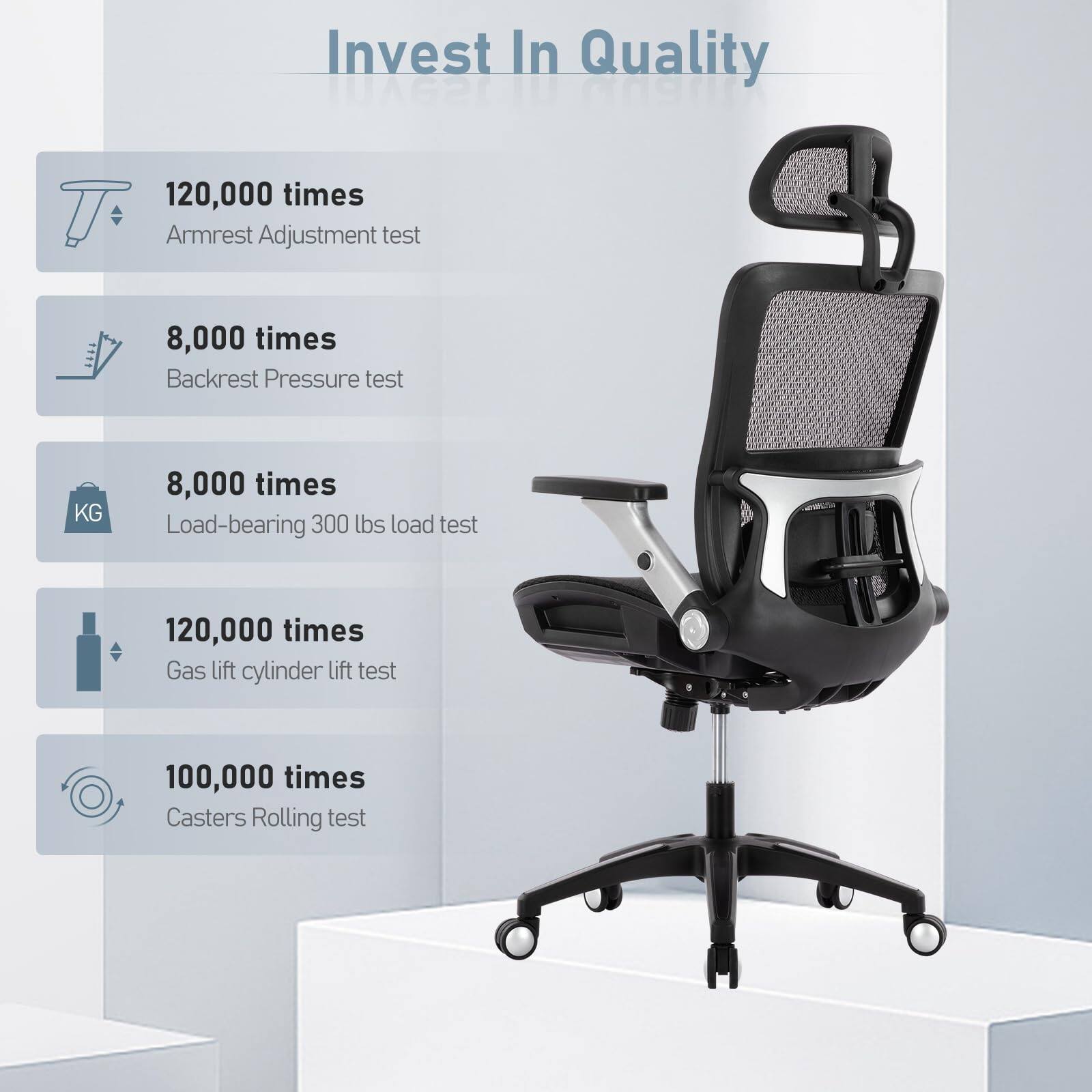 Invest In Quality

- 120,000 times
  Armrest Adjustment test

- 8,000 times
  Backrest Pressure test

- 8,000 times
  Load-bearing 300 lbs load test

- 120,000 times
  Gas lift cylinder lift test

- 100,000 times
  Casters Rolling test