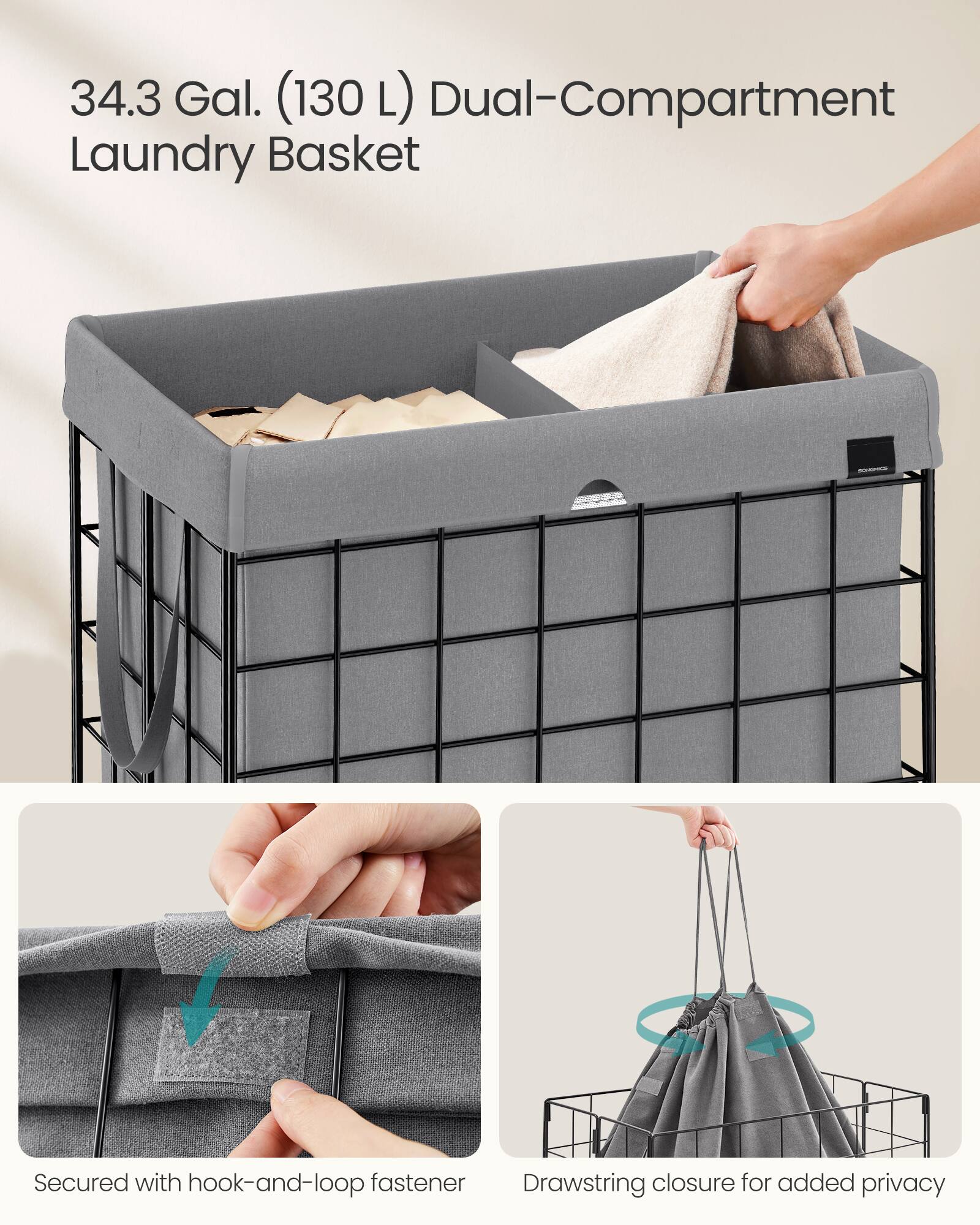 34.3 Gal. (130 L) Dual-Compartment Laundry Basket

- Secured with hook-and-loop fastener
- Drawstring closure for added privacy