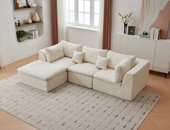 Front. Babevy - 110" L-Shaped Modular Sectional Sofa, 4-Seater Oversized Chenille Couch with Double Chaise, Ottoman & Pillows - Beige.